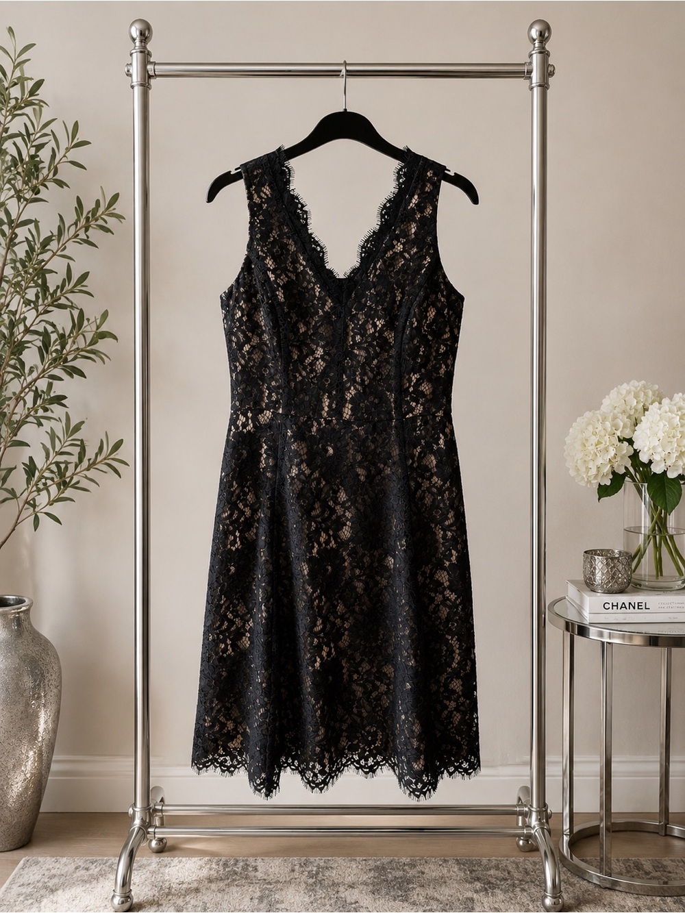 LOFT Black Lace V-Neck A-Line Dress